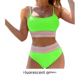 NWOT Matching Top & SexyHigh Waist Contrast Solid Panel Colorful Edge Bikini